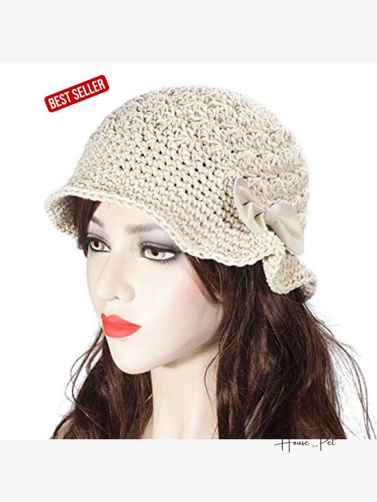 Hand Knitted Cotton Bucket Hat with Leather Bow